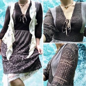 Earthy Cottagecore Milkmaid Dress with Empire Waist and Crochet Lace Sleeves